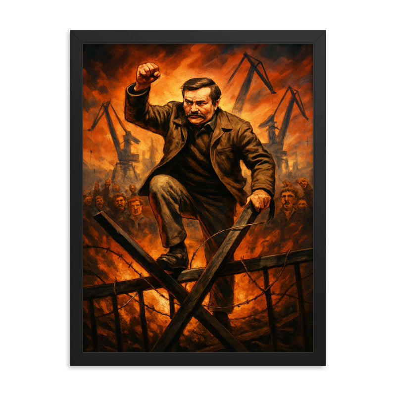Lech Walesa over Gdansk shipyard barricades framed print on a plain backdrop in size 18