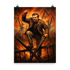 Lech Walesa over Gdansk shipyard barricades poster on a plain backdrop in size 8"x10".
