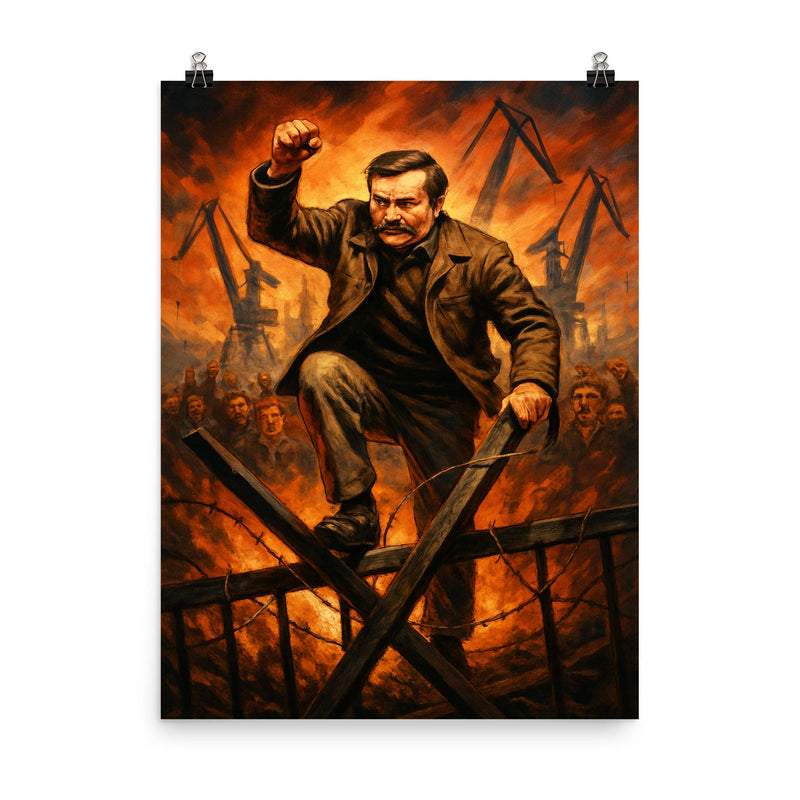 Lech Walesa over Gdansk shipyard barricades poster on a plain backdrop in size 8