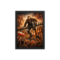 Lech Walesa scaling shipyard gates framed print on a plain backdrop in size 12"x16".