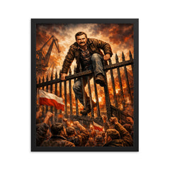 Lech Walesa scaling shipyard gates framed print on a plain backdrop in size 16"x20".