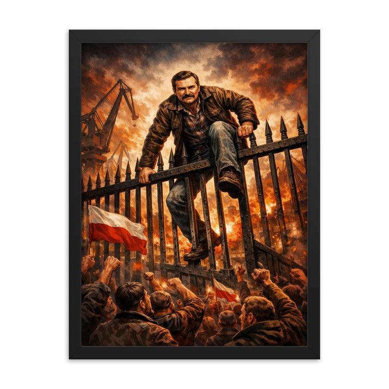 Lech Walesa scaling shipyard gates framed print on a plain backdrop in size 18