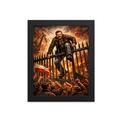 Lech Walesa scaling shipyard gates framed print on a plain backdrop in size 8"x10".