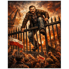 Lech Walesa scaling shipyard gates jigsaw puzzle