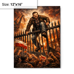 Lech Walesa scaling shipyard gates metal print on a plain backdrop in size 12"x16".