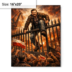 Lech Walesa scaling shipyard gates metal print on a plain backdrop in size 16"x20".