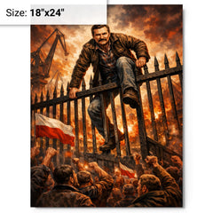 Lech Walesa scaling shipyard gates metal print on a plain backdrop in size 18"x24".