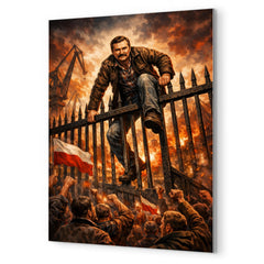 Lech Walesa scaling shipyard gates metal print mockup