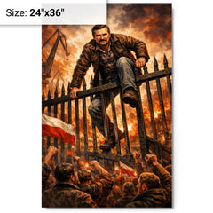 Lech Walesa scaling shipyard gates metal print on a plain backdrop in size 24"x36".