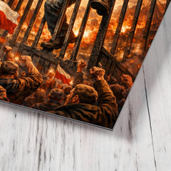 Lech Walesa scaling shipyard gates metal print mockup