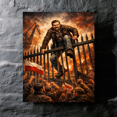 Lech Walesa scaling shipyard gates metal print mockup