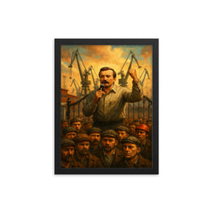 Lech Walesa shipyard gate strike scene framed print on a plain backdrop in size 12"x16".