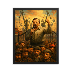 Lech Walesa shipyard gate strike scene framed print on a plain backdrop in size 16"x20".