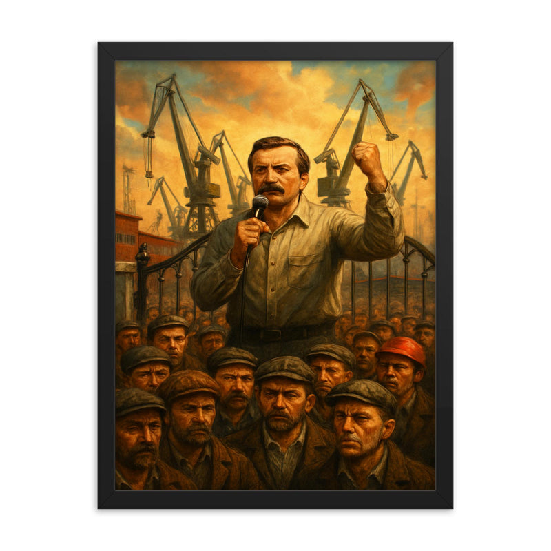 Lech Walesa shipyard gate strike scene framed print on a plain backdrop in size 18