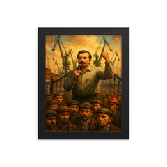 Lech Walesa shipyard gate strike scene framed print on a plain backdrop in size 8"x10".