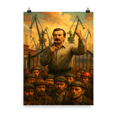 Lech Walesa shipyard gate strike scene poster on a plain backdrop in size 8"x10".