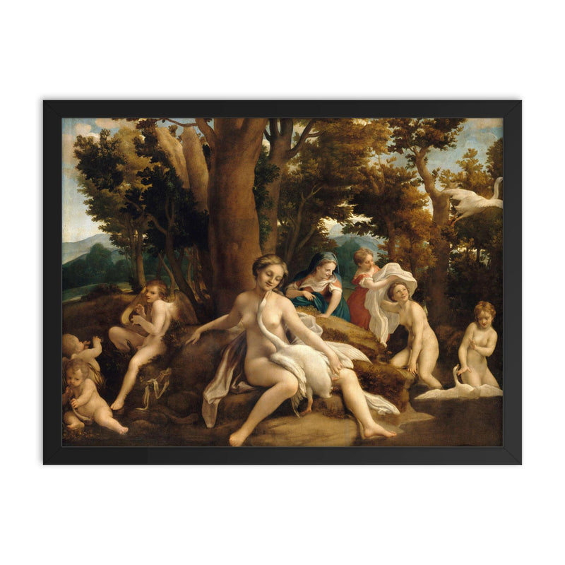 Leda and the Swan by Correggio, 1531 framed print on a plain backdrop in size 18