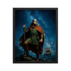 Leif Erikson beneath North Atlantic stars framed print on a plain backdrop in size 16"x20".
