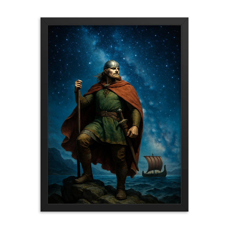 Leif Erikson beneath North Atlantic stars framed print on a plain backdrop in size 18
