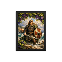 Leif Erikson beneath Vinland grapevines and surf framed print on a plain backdrop in size 12"x16".