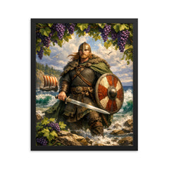 Leif Erikson beneath Vinland grapevines and surf framed print on a plain backdrop in size 16"x20".