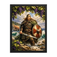 Leif Erikson beneath Vinland grapevines and surf framed print on a plain backdrop in size 18"x24".
