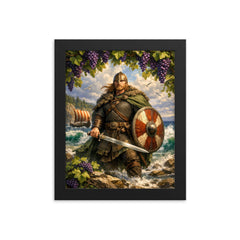 Leif Erikson beneath Vinland grapevines and surf framed print on a plain backdrop in size 8"x10".