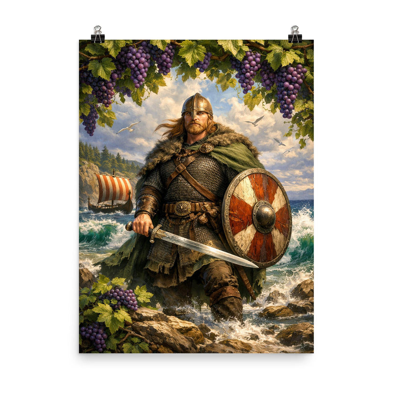 Leif Erikson beneath Vinland grapevines and surf poster on a plain backdrop in size 8