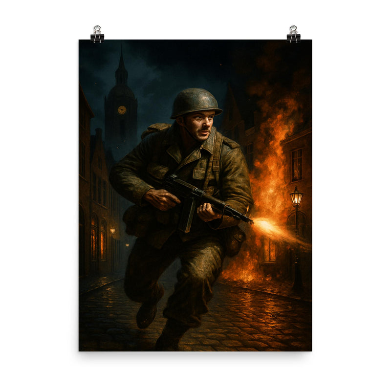 Leo Major liberating Zwolle alone at night poster on a plain backdrop in size 8