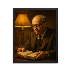 Leo Strauss nocturnal reading lamp portrait framed print on a plain backdrop in size 16"x20".