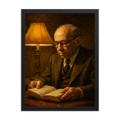 Leo Strauss nocturnal reading lamp portrait framed print on a plain backdrop in size 18"x24".