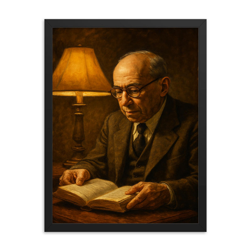 Leo Strauss nocturnal reading lamp portrait framed print on a plain backdrop in size 18