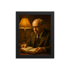 Leo Strauss nocturnal reading lamp portrait framed print on a plain backdrop in size 8"x10".
