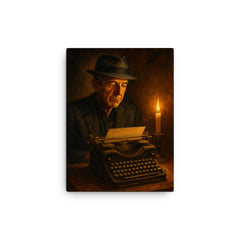 Leonard Cohen typewriter and candlelight canvas print on a plain backdrop in size 12"x16".