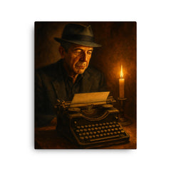 Leonard Cohen typewriter and candlelight canvas print on a plain backdrop in size 16"x20".