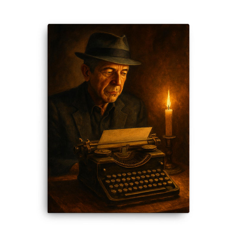 Leonard Cohen typewriter and candlelight canvas print on a plain backdrop in size 18