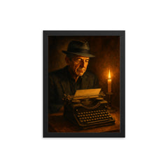 Leonard Cohen typewriter and candlelight framed print on a plain backdrop in size 12"x16".