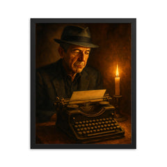Leonard Cohen typewriter and candlelight framed print on a plain backdrop in size 16"x20".