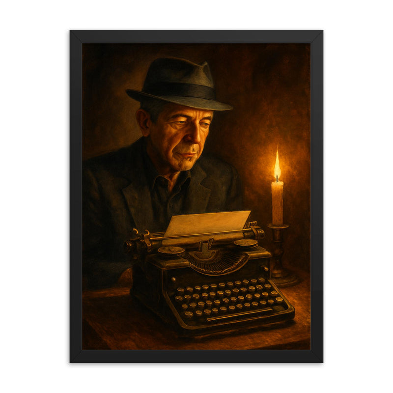 Leonard Cohen typewriter and candlelight framed print on a plain backdrop in size 18