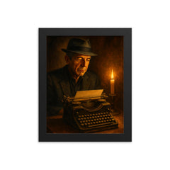 Leonard Cohen typewriter and candlelight framed print on a plain backdrop in size 8"x10".