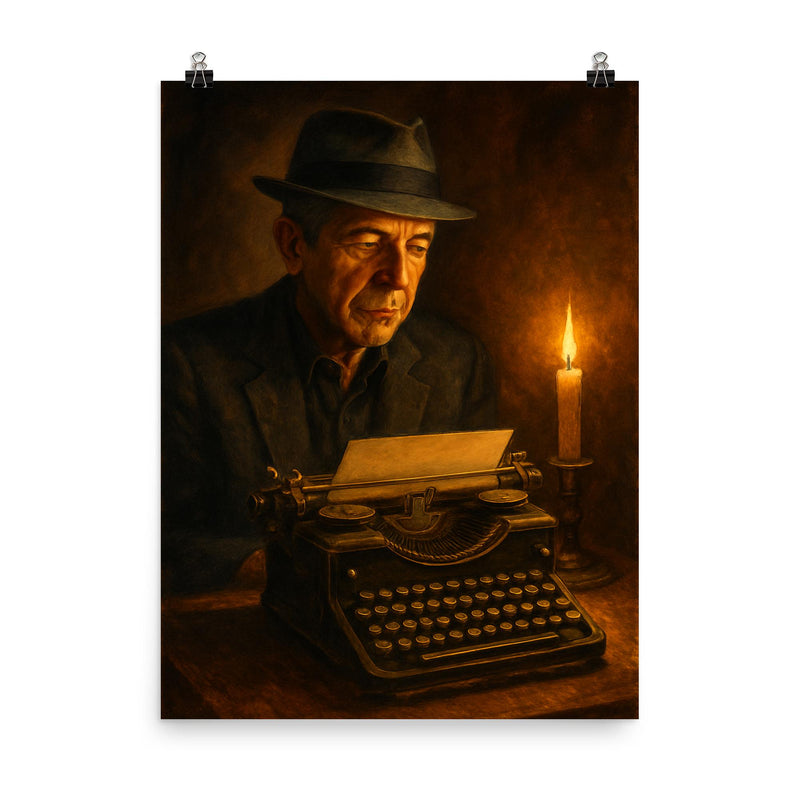 Leonard Cohen typewriter and candlelight poster on a plain backdrop in size 8