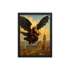 Leonardo da Vinci flying a carbon fiber ornithopter over Florence framed print on a plain backdrop in size 12"x16".
