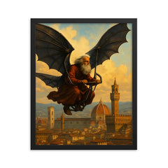 Leonardo da Vinci flying a carbon fiber ornithopter over Florence framed print on a plain backdrop in size 16"x20".