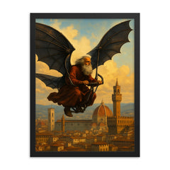 Leonardo da Vinci flying a carbon fiber ornithopter over Florence framed print on a plain backdrop in size 18"x24".