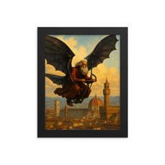 Leonardo da Vinci flying a carbon fiber ornithopter over Florence framed print on a plain backdrop in size 8"x10".