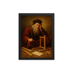 Leonardo da Vinci looking defeated while assembling flat pack furniture framed print on a plain backdrop in size 12"x16".