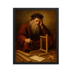 Leonardo da Vinci looking defeated while assembling flat pack furniture framed print on a plain backdrop in size 16"x20".
