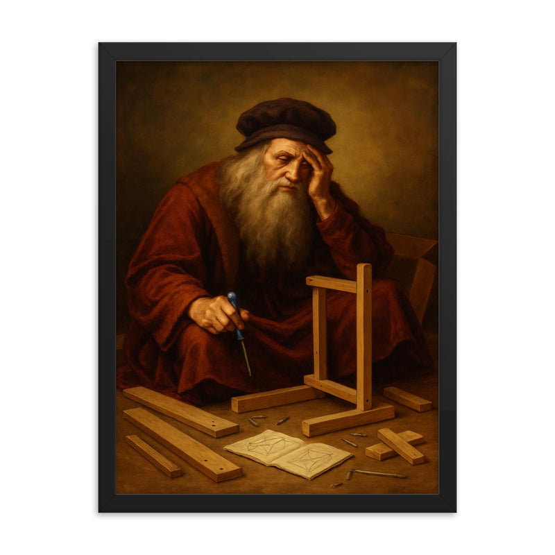 Leonardo da Vinci looking defeated while assembling flat pack furniture framed print on a plain backdrop in size 18