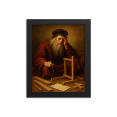 Leonardo da Vinci looking defeated while assembling flat pack furniture framed print on a plain backdrop in size 8"x10".