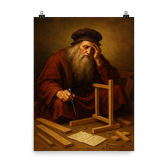 Leonardo da Vinci looking defeated while assembling flat pack furniture poster on a plain backdrop in size 8"x10".